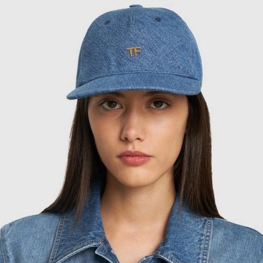 Tom Ford Blue Denim Cap with Gold Buckle and gold TF one size NWT